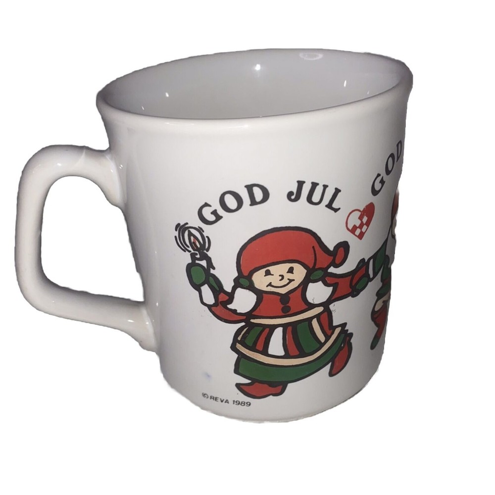 God Jul Coffee Mug Cup Made In England Dancing Christmas Elves Reva 1989 VTG
